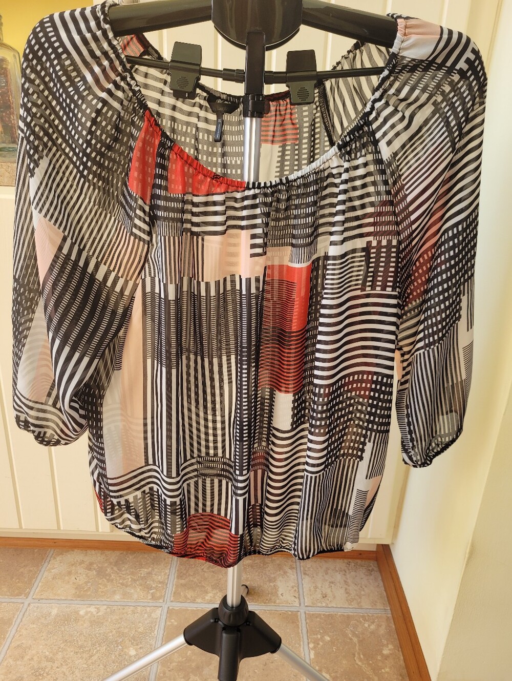 Black, White, Red Geometric Print Sheer Blouse  - Women's XL